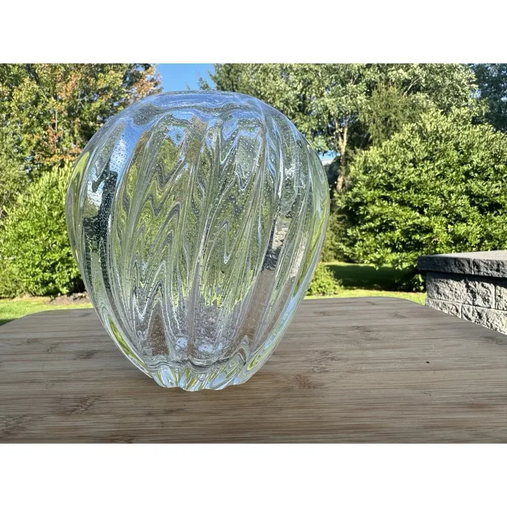 Archimede Seguso Hand Blown Murano Art Glass Vase Clear with Silver Flex 7” H